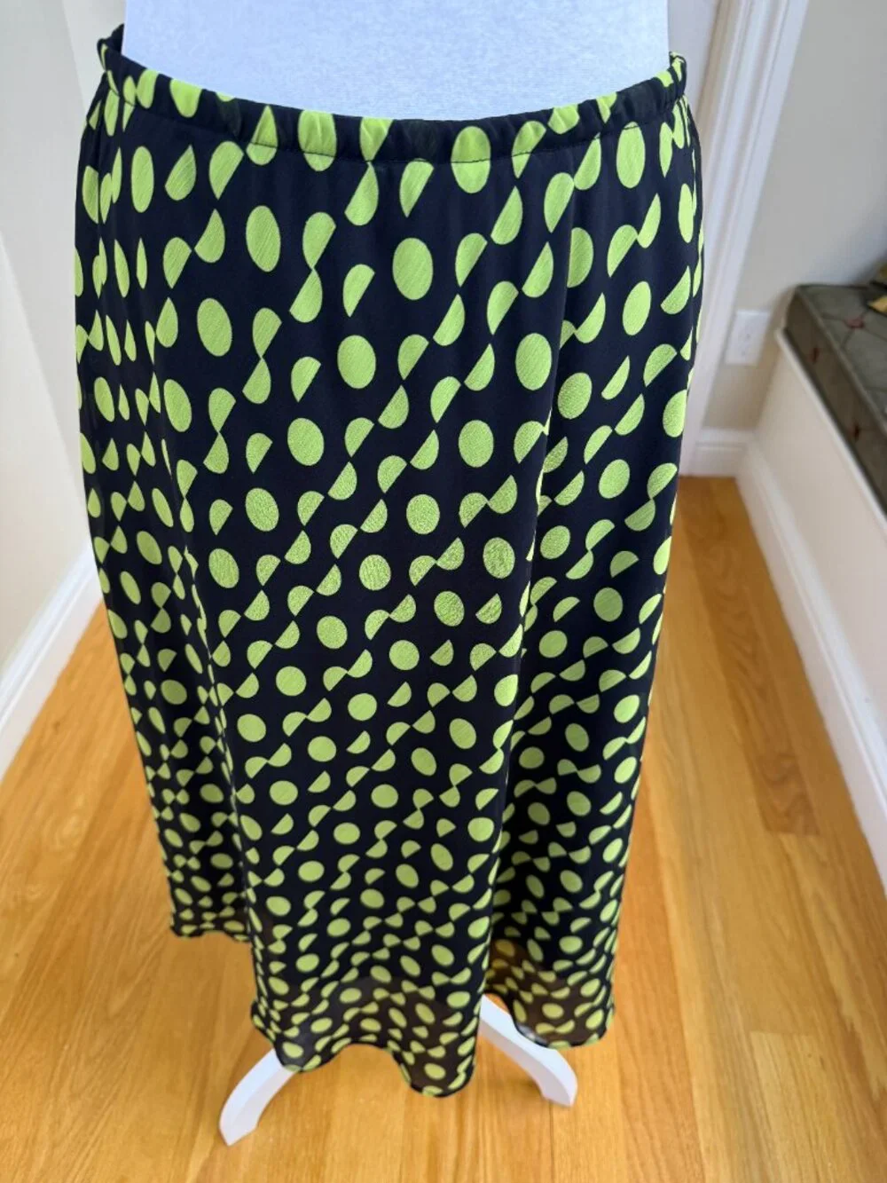 Polka Dot Midi Skirt Green Black Abstract Dots A-Line Flowy (8)